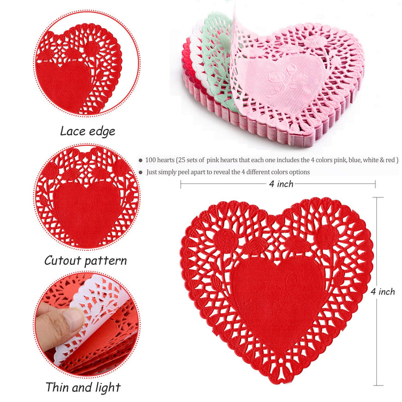 [Australia - AusPower] - Valentine’s Heart Paper doilies 4 inch, Crafts for Kids and Fun Home Activities Colors Red, Pink, White, and Blue(100 pcs) 