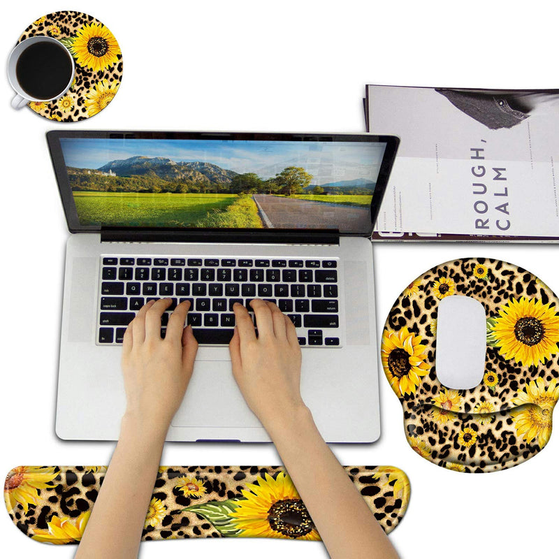 [Australia - AusPower] - Keyboard Wrist Rests and Gel Mouse Pad with Wrist Support Set + Cup Coaster, Wrist Support for Keyboard and Mouse w/Vivid Designs, Wrist Support for Keyboard Office Home School - Sunflower Leopard 3-IN-1 Full Set 