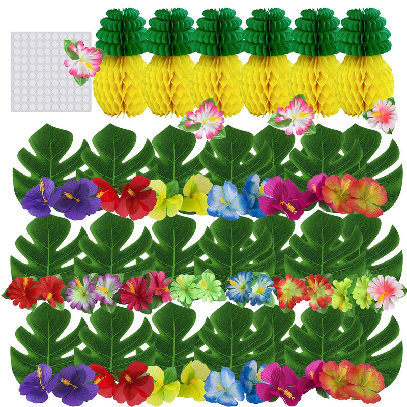 [Australia - AusPower] - 92 Pieces Tropical Hawaiian Party Decorations Set with Palm Leaves, Hawaiian Flowers, and Paper Pineapples for Hawaiian Luau Party Table Decoration Assorted 
