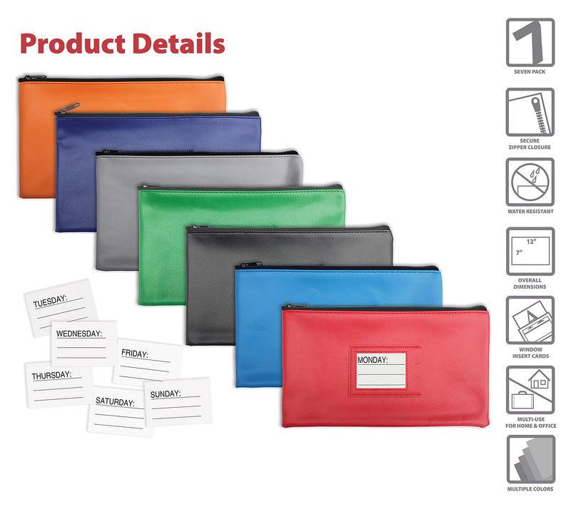 [Australia - AusPower] - 7 Pack, 7 Days Zipper Security Bank Deposit Bag, Clear Window & 14 Insert Cards (Mon - Sun + Blank), by Better Office Products, Leatherette, 11.25" x 6.25", Cash Bag, Utility Pouch, Assorted 7 Colors 