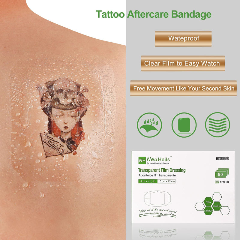 [Australia - AusPower] - Transparent Film Dressing, Waterproof Wound Cover Bandage 4''x4.75'', 50 Packs, Post Surgical Shower or IV Shield, Tattoo Aftercare Bandage, Adhesive Patch by NeuHeils 