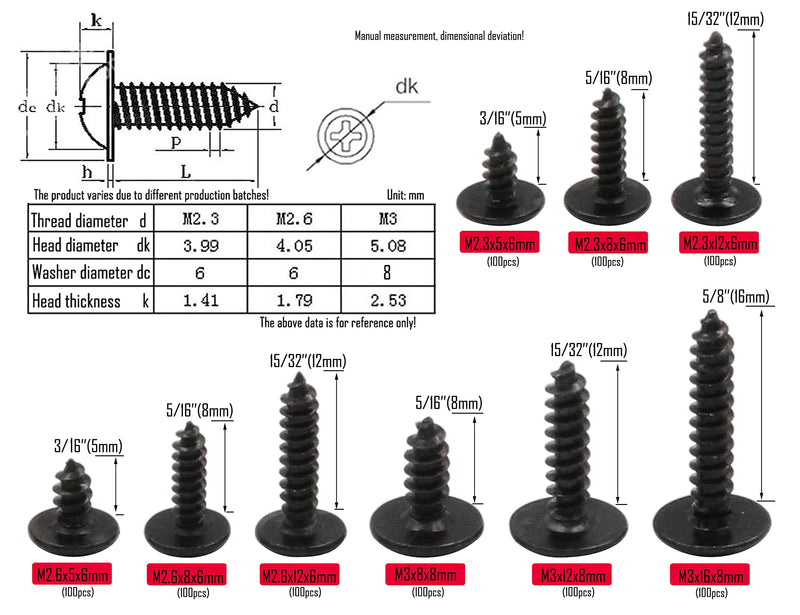 [Australia - AusPower] - LBY 900pcs M2.3 M2.6 M3 Phillips Truss Head Self Tapping Screws, Wafer Head Screws, Pan Head with Washer Screw 9 Sizes Self Tapping Screws Assortment Kit, Carbon Steel Blacking Black 