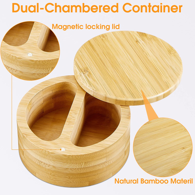 [Australia - AusPower] - 2 Pieces Bamboo Salt Pepper Bowls Box, 2-Compartment Salt Cellar Kitchen Seasonings Storage Containers with Magnetic Swivel Lids and 2 Mini Bamboo Spoons for Spice Salt, 4.7 x 2.4 Inch 