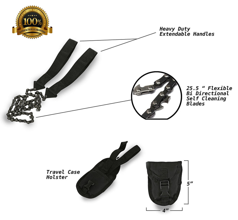[Australia - AusPower] - Pocket Chainsaw - Razor Sharp Self Cleaning 25.5 In Portable Hand Saw Survival Gear with Black Holster for Camping, Hunting, Hiking | Pocket-sized 25.5” Emergency Wilderness Survival Chain Saw (Black) 