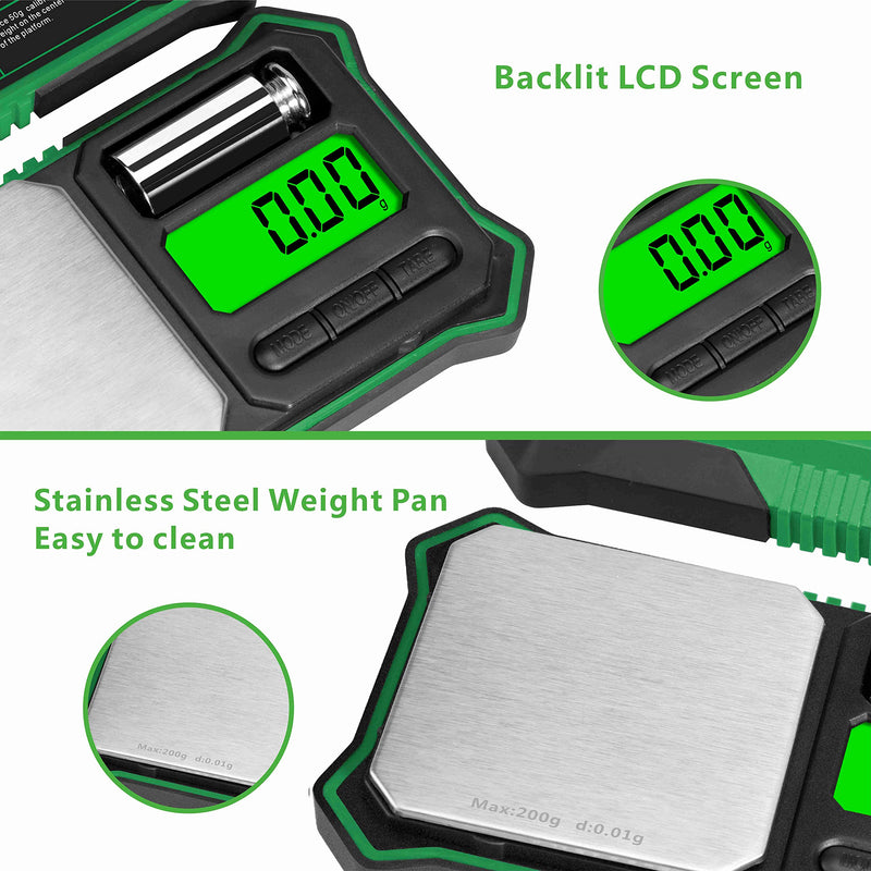 [Australia - AusPower] - Fuzion Digital Pocket Scale, 200g x 0.01g Jewelry Gram Scale, 6 Units Conversion, LCD Back-Lit Display, Use for Jewelry/Medicine/Food/Powder/Herb(Battery Included) Green 