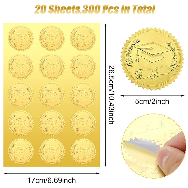 [Australia - AusPower] - 300 Pcs Large Gold Embossed Foil Graduation Cap Diploma Certificate Self Adhesive Seals Stickers for Invitations, Certification, Graduation, Notary Seals, Corporate Seals, Personalized Monogram Emboss 