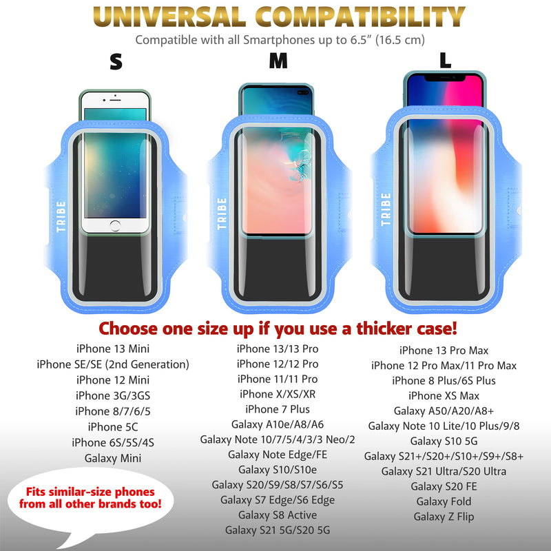 [Australia - AusPower] - TRIBE Water Resistant Cell Phone Armband Case Running Holder for iPhone Pro Max Plus Mini SE (13/12/11/X/XS/XR/8/7/6/5) Galaxy S Ultra Plus Edge Note (21/20/10/9/8/7/6/5) Adjustable Strap & Key Pocket Light Blue 