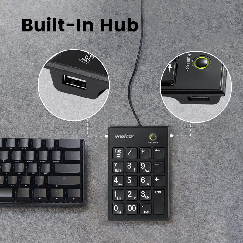 [Australia - AusPower] - Perixx Peripad-202H Wired Slim Numeric Keypad, X Type Scissor Keys with 2 USB Hubs and Tab Key, Black USB with 2 Hubs 