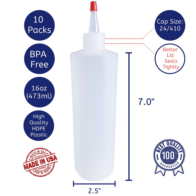 [Australia - AusPower] - Kelkaa 16oz HDPE Durable Plastic Squeeze Bottles with Yorker Red Cap Natural Clear Bottles for Food, Crafts, Any DIY Liquid Products, Multi Purpose Refillable Bottles (Pack of 10) 