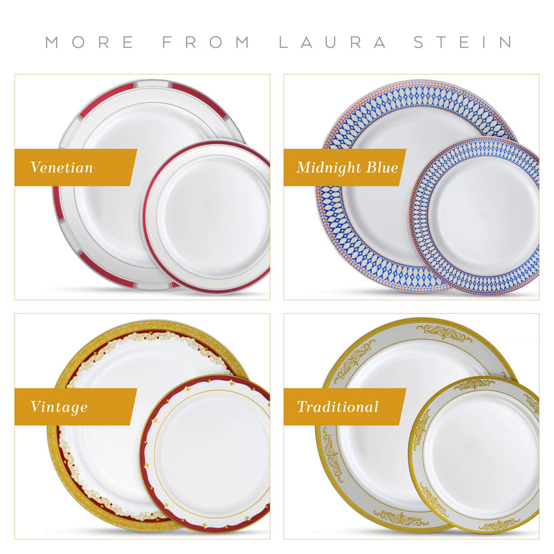 [Australia - AusPower] - [40 Count - 6" Plates] Laura Stein Designer Tableware Premium Heavyweight Plastic White Dessert Plate With Blue & Gold Border Plastic Party & Wedding Plate Cobalt Blue Series Disposable Dishes 40 6'' INCH PLATES 