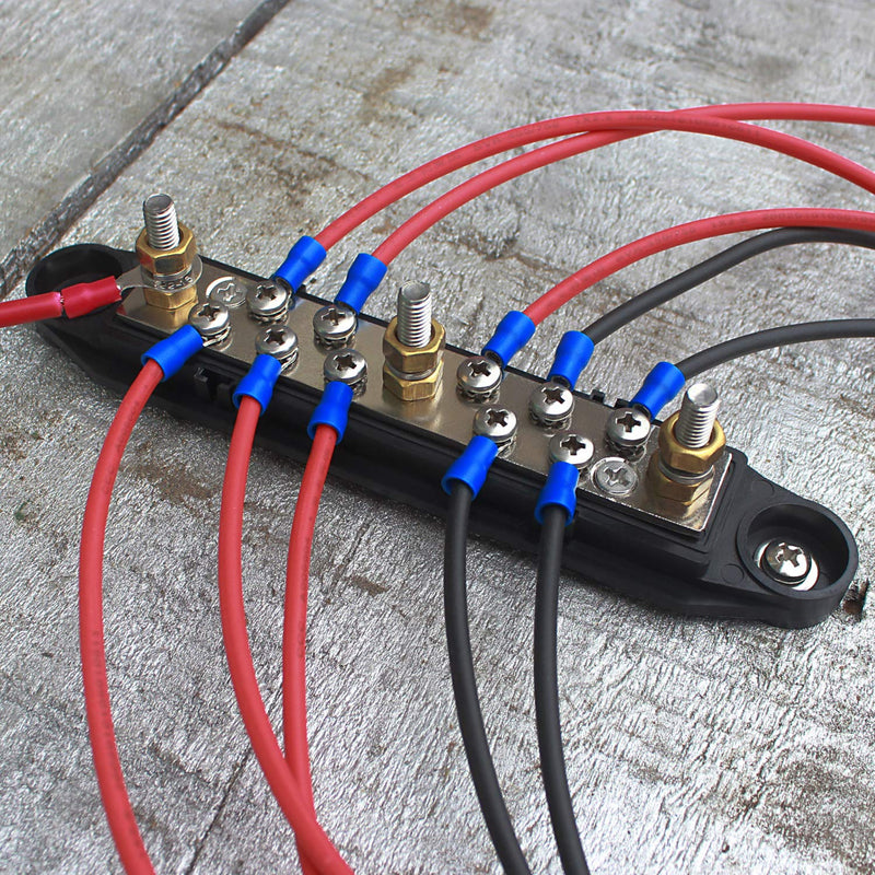 [Australia - AusPower] - Mofeez Bus Bar -3x1/4”Post,10x#8 Screw Terminal Power Distribution Block with Ring Terminals(Pair - Red & Black) Red & Black Bus Bar with Terminals 