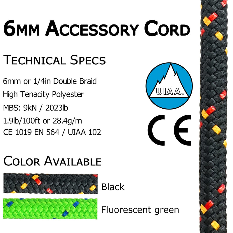 [Australia - AusPower] - GM CLIMBING 6mm Accessory Cord Rope Double Braid Pre Cut CE Black 1/4in(dia.) x 20feet 