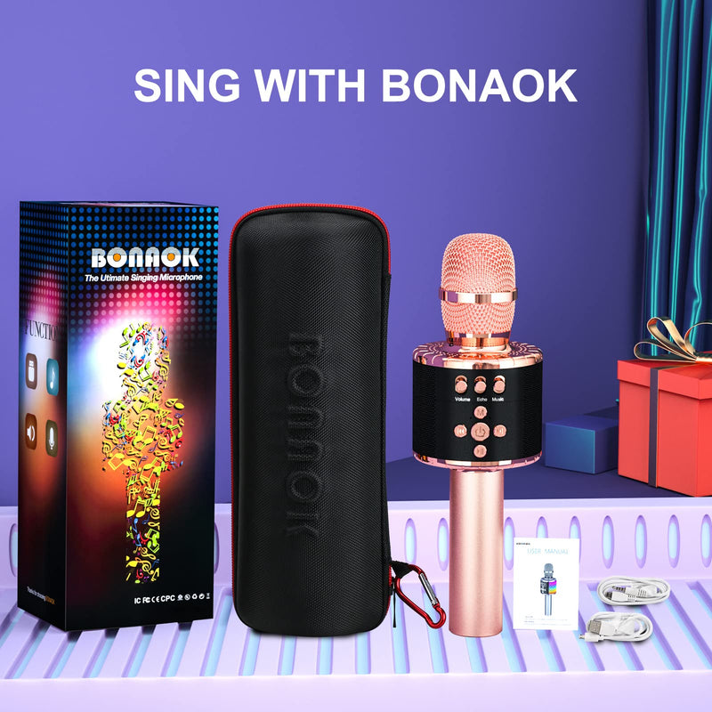 [Australia - AusPower] - BONAOK Wireless Bluetooth Karaoke Microphone with Controllable LED Lights, Portable Handheld Karaoke Speaker Machine Birthday Home Party for All Smartphone Q78 (Rose Gold) Rose Gold 