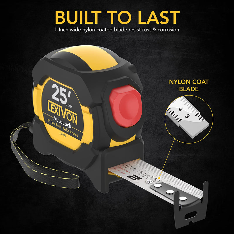 [Australia - AusPower] - LEXIVON 25Ft/7.5m AutoLock Tape Measure | 1-Inch Wide Blade with Nylon Coating, Matte Finish White & Yellow Dual Sided Rule Print | Ft/Inch/Fractions/Metric (LX-205) 25FT AutoLock 