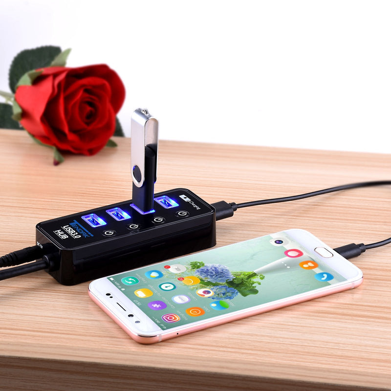 [Australia - AusPower] - USB 3.0 Hub, Tendak USB Hub with 4 USB 3.0 Data Ports + 1 USB Smart Charging Port and Power Supply Adapter with Individual On/Off Port Switches for PS4 Pro PS4 Slim Xbox One 