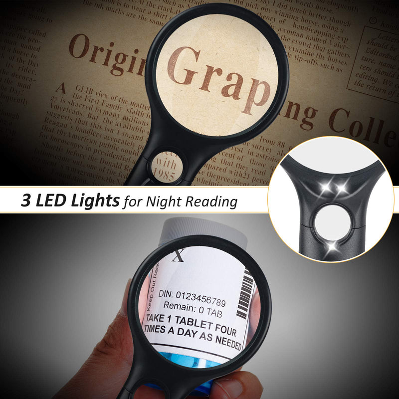 [Australia - AusPower] - 2 Pack Magnifying Glass with Light - 3X 45X Handheld Illuminated Magnifier Glass with 3 Led Light, High Clarity Magnifying Glass for Reading, Seniors, Children, Jeweler - with a Lens Cloth 