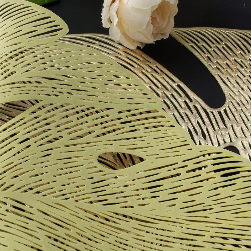[Australia - AusPower] - Mabbcoo Placemats Set of 6, Hollowed-Out Leaf Place Mats for Dining Table Pressed Vinyl Table Mats for Holiday Party Wedding Accent Centerpiece Dinner Table Decoration (Garden Gold) 6Pcs Leaf 
