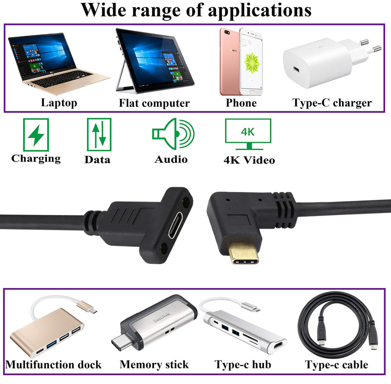 [Australia - AusPower] - AAOTOKK Right&Left Angled 3.1Type C Cable Gen 2 (3A) 90 Degree USB 3.1 Type C Male to Female Panel Mount Screw Cable,Supports Charging,Data,Audio,Video Cable for Laptop,Tablet,Mobile Phone(0.3M/1ft) 0.3M/1ft 