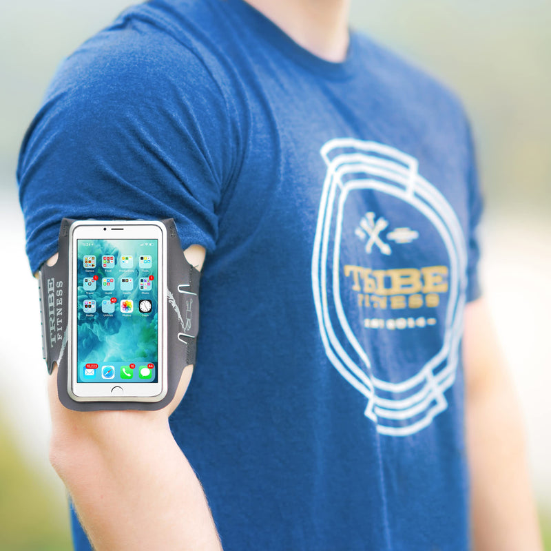 [Australia - AusPower] - TRIBE Running Phone Holder Armband. iPhone & Galaxy Cell Phone Sports Arm Bands for Women, Men, Runners, Jogging, Walking, Exercise & Gym Workout. Premium Japanese Lycra. Strap Extension & Key Pocket. Black/Grey S: iPhone Mini/8/7/6/5/4/3/SE/Galaxy Mini 