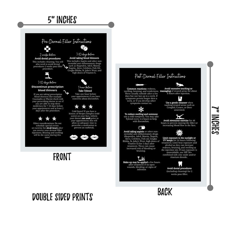 [Australia - AusPower] - Dermal Filler Pre and Post Injection Care Instructions Card | 30 Pack | 5x7” inches large Post Card Size | Dermal Filler Injections Black with White Icons Design 