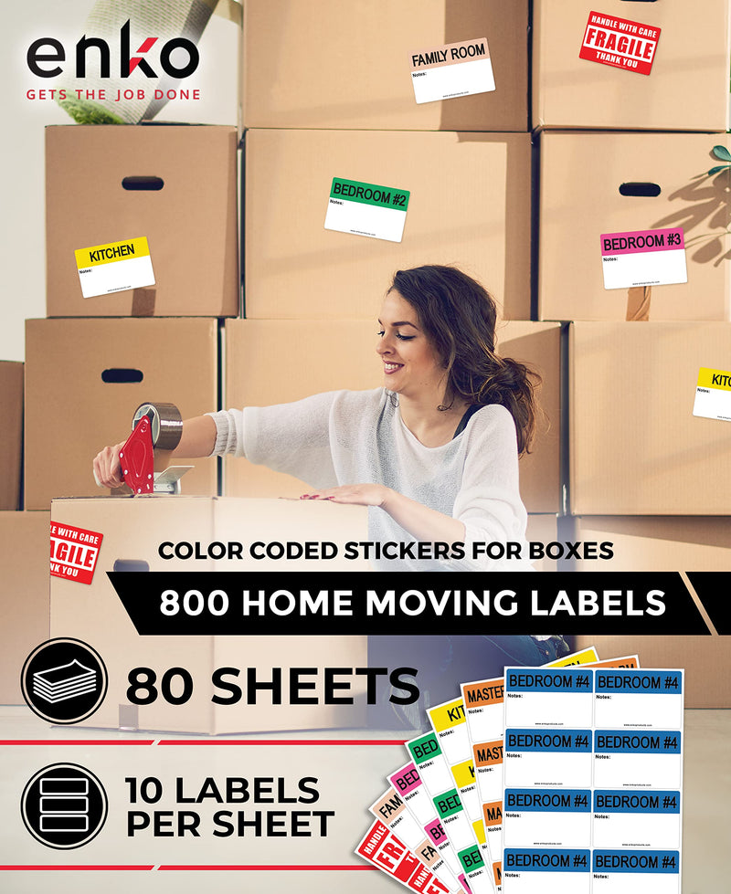 [Australia - AusPower] - enKo - 2 x 3 Inch Extra Large Home Moving Packing Labels Stickers for Box - Color Coded for Boxes, Packing Box Fragile Stickers (800 Labels, 4 Bedroom House) 2" X 3" 80 Sheets, 800 Labels 