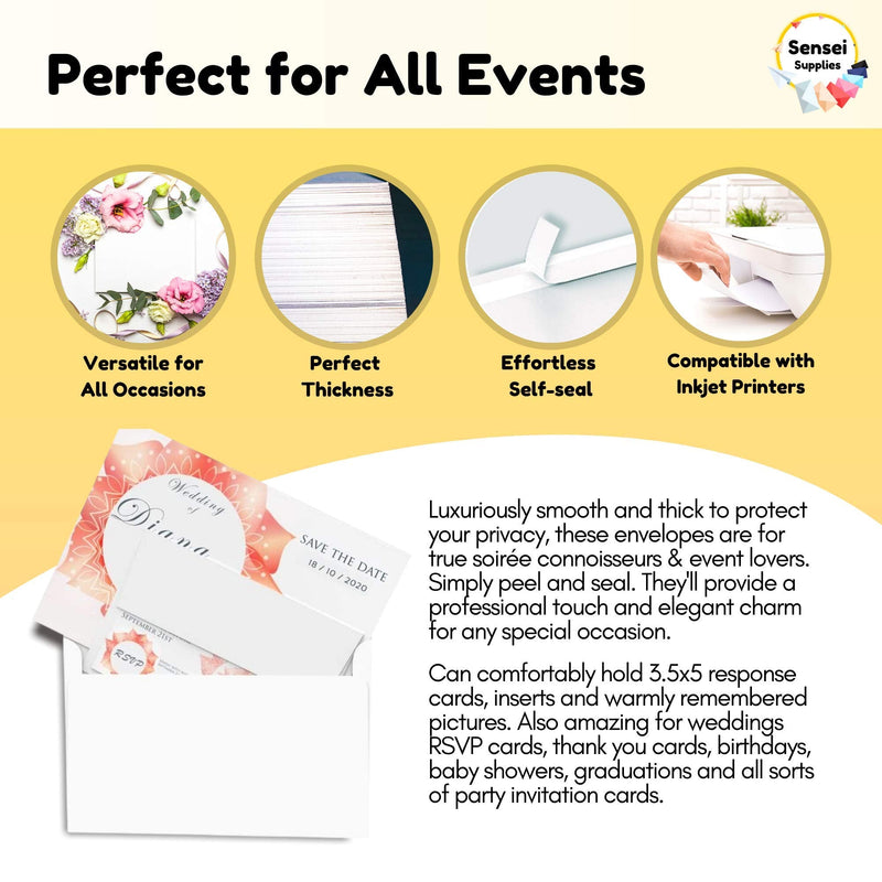 [Australia - AusPower] - 55 3 ⅝ x 5 ⅛ White RSVP Small Envelopes - A1 - For Weddings Response Cards, Baby Showers, Thank You Notes, Photos and any 3” x 5” inserts - W/Peel, Press & Self Seal - Square Flap A1 55 Pack 