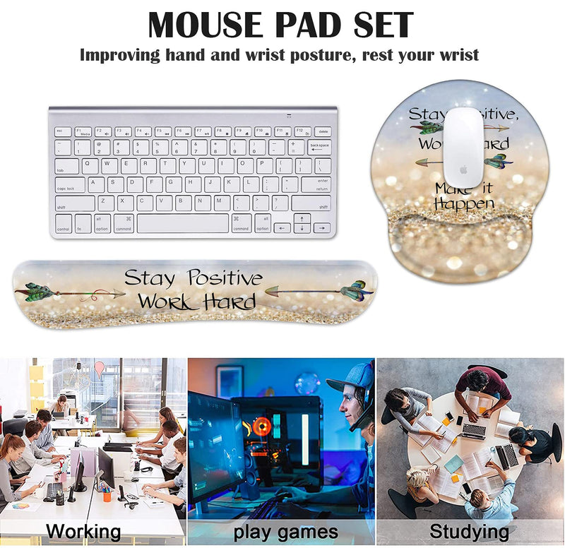 [Australia - AusPower] - Keyboard Wrist Rest and Mouse Pad Wrist Support Set with Coasters,Stay Positive Work Hard and Make It Happen Inspirational Quote Wrist Mouse Pad with Non-Slip PU Base for Computer Laptop Home Office 