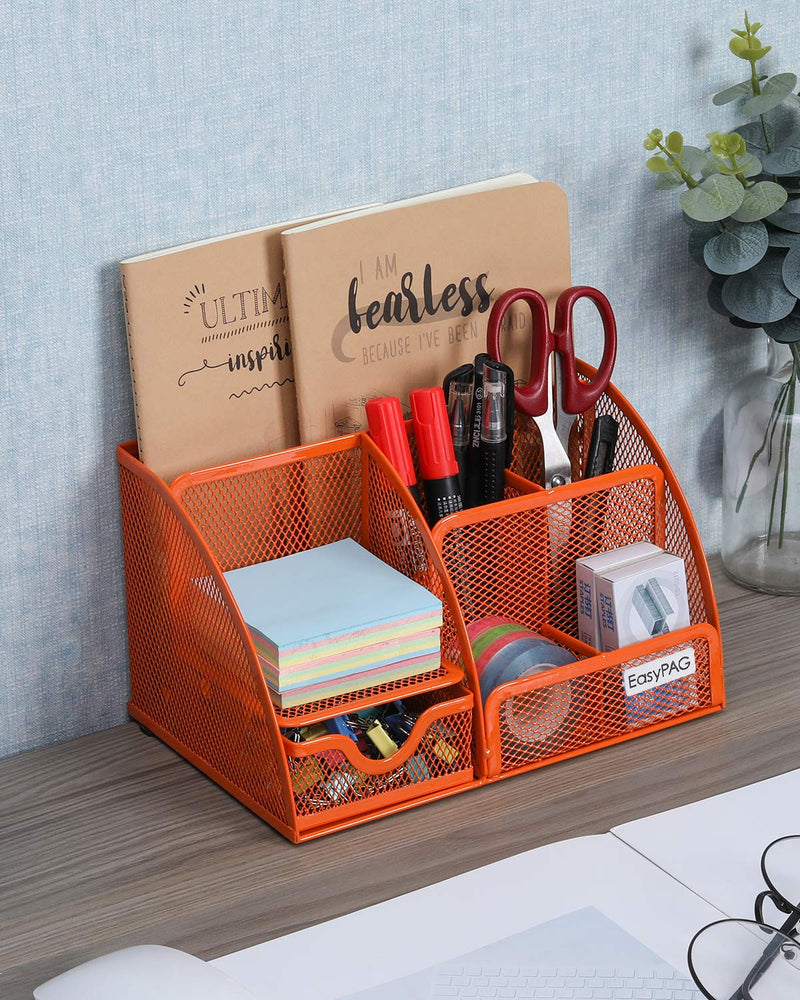 [Australia - AusPower] - EasyPAG Mesh Desktop Organizer 6 Compartment Office Desk Organizers Supply Caddy with Drawer, Orange 