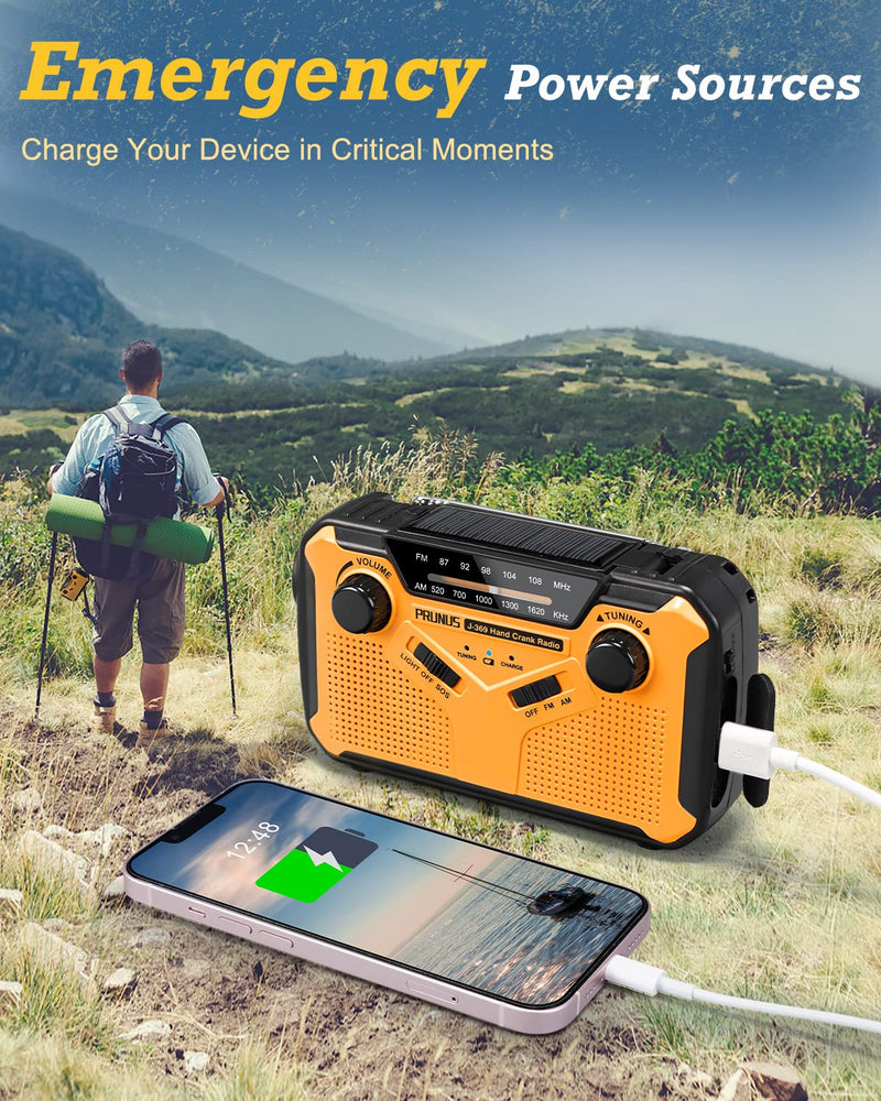 [Australia - AusPower] - PRUNUS Emergency NOAA Weather Radio 5 Way Powered: Solor/Hand Crank/USB/AA Batteries/Rechargeable Batteries, LED Flashlight and Reading Lamp, AM FM, 3000mAh Power Bank Cellphone Charger, J-369 Yellow 