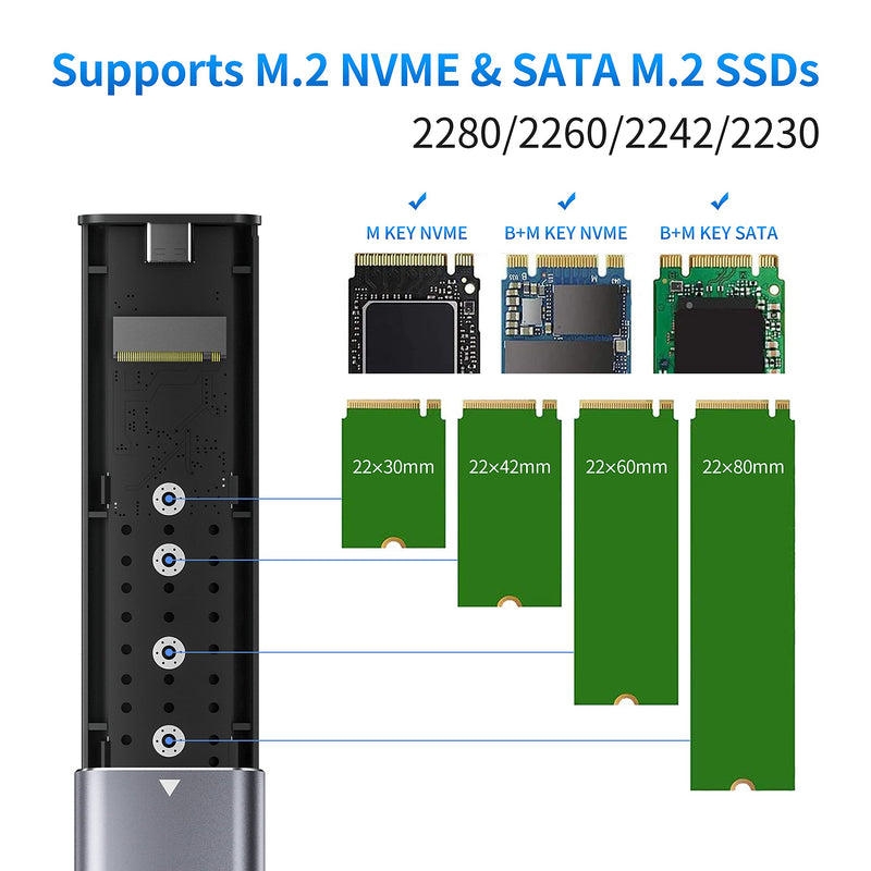 [Australia - AusPower] - M.2 NVME and SATA SSD NGFF Enclosure Adapter,RTL9210B Chips,Tool-Free,USB C 3.1 Gen 2 10Gbps NVME,6Gbps SATA PCIe M-Key(B+M Key),Support UASP Trim for SSD Size 2230/2242/2260/2280 