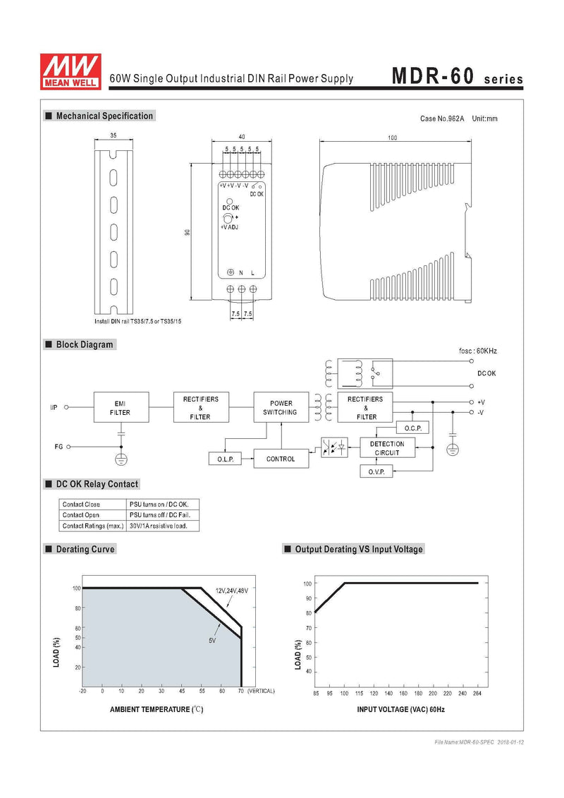 [Australia - AusPower] - MEAN WELL MDR-60-24 DIN-Rail Power Supply 24V 2.5 Amp 60W Original Version 