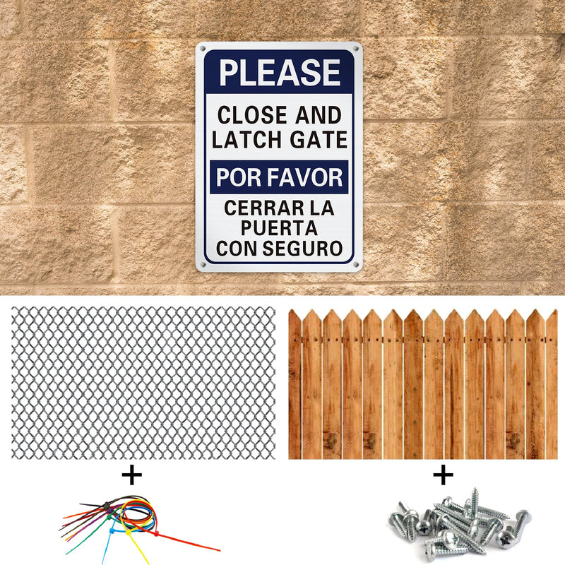 [Australia - AusPower] - Blulu 4 Pcs Please Close and Latch Gate Sign Bilingual English Spanish Keep Gate Closed Signs Metal 10" x 7" Door Closed Signs Reflective Sturdy Rust Aluminum Weatherproof Easy to Install (Blue) Blue 