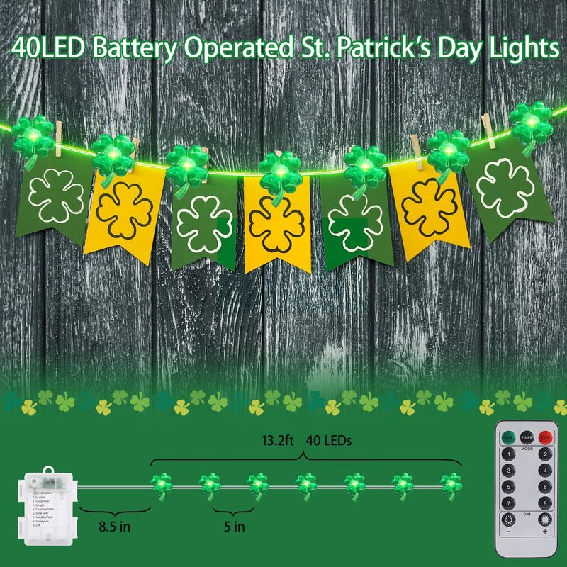 [Australia - AusPower] - Herzila St Patricks Day Decorations, 13FT 40 LEDs Green String Lights Battery Operated Shamrock Lights with Remote Control and Timer Lucky Clover Lights for St. Patrick's Day DÃ©cor 