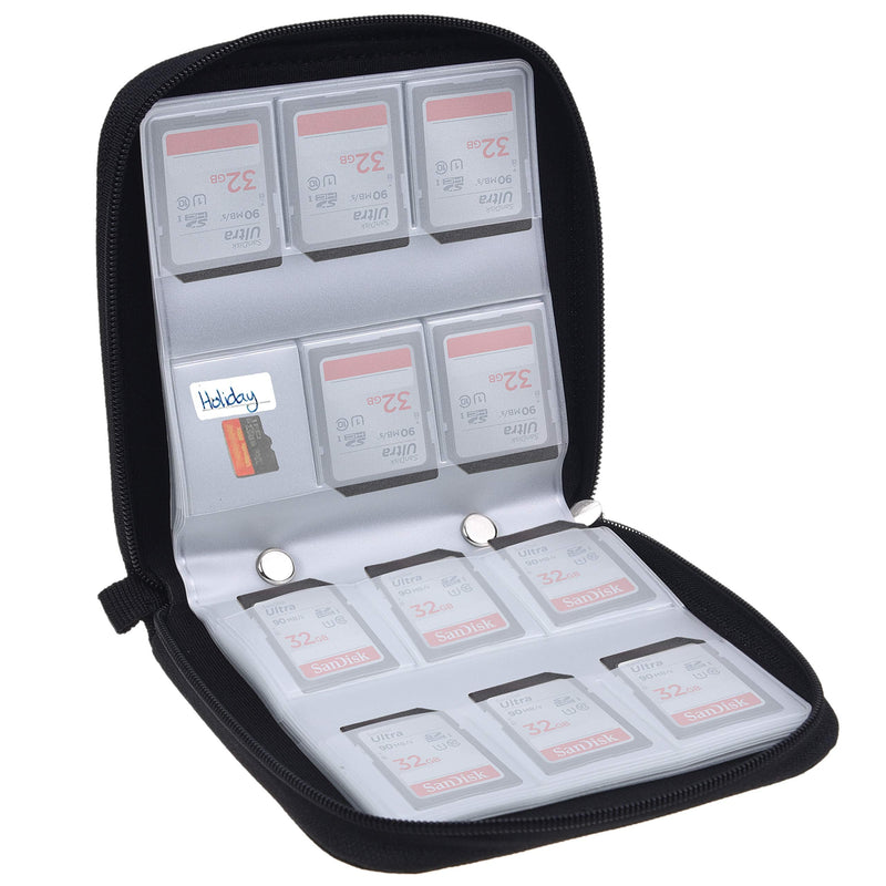 [Australia - AusPower] - Memory Card Case - Fits up to 88x SD, SDHC, Micro SD, Mini SD and 4X CF - Holder with 88 Slots (8 Pages) - for Storage and Travel - Microfiber Cleaning Cloth, Carabiner and Labels Included (Black) 