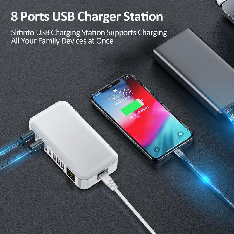 [Australia - AusPower] - USB Charger, Slitinto 8-Port Fast Desktop Charger with LCD Display, Multi USB Charger Compatible iPhone 13/13 Pro/12 Pro/11 Pro Max/XS/Max/XR/X, Pixel, Galaxy White 