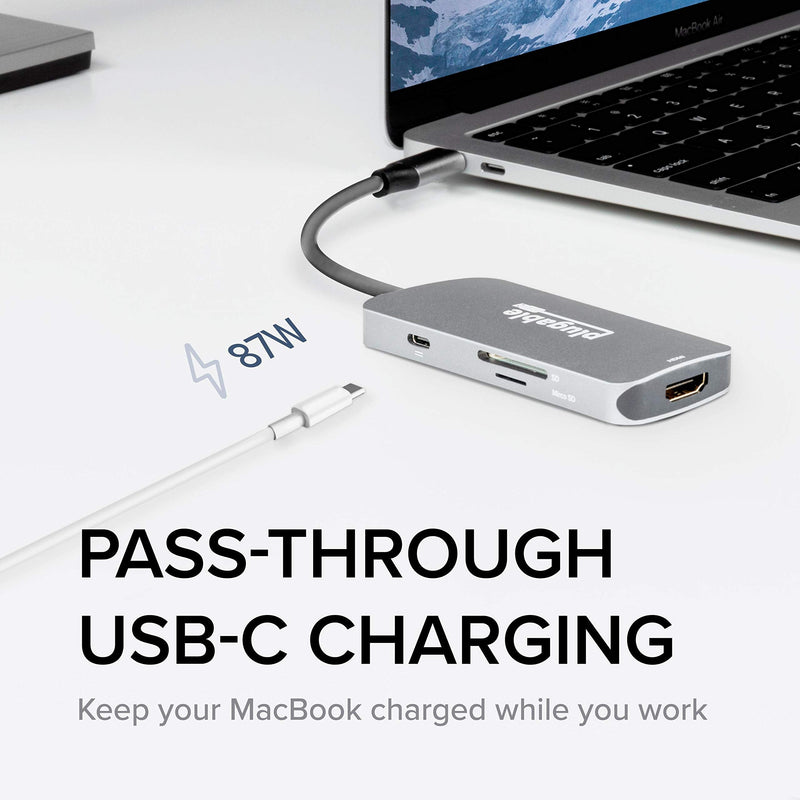 [Australia - AusPower] - Plugable USB-C Hub 7-in-1, Compatible with Mac, Windows, Chromebook, USB4, Thunderbolt 4, and More (4K HDMI, 3 USB 3.0, SD & microSD Card Reader, 87W Charging) 