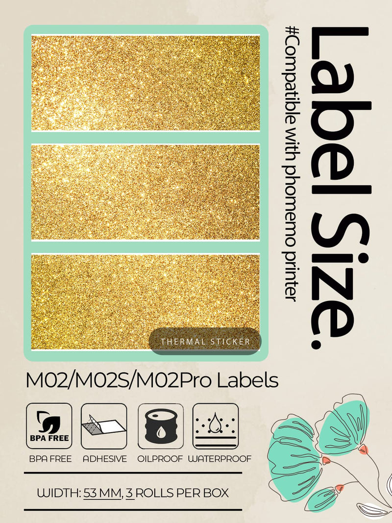 [Australia - AusPower] - Phomemo Printer Paper- Adhesive Transparent Gold Thermal Labels, for Phomemo M02/M02 Pro/M02S/M03/M0SAS/M04 Pocket Bluetooth Thermal Printer, 50mm x 3.5m, 3 Rolls Tags Transparent-gold 