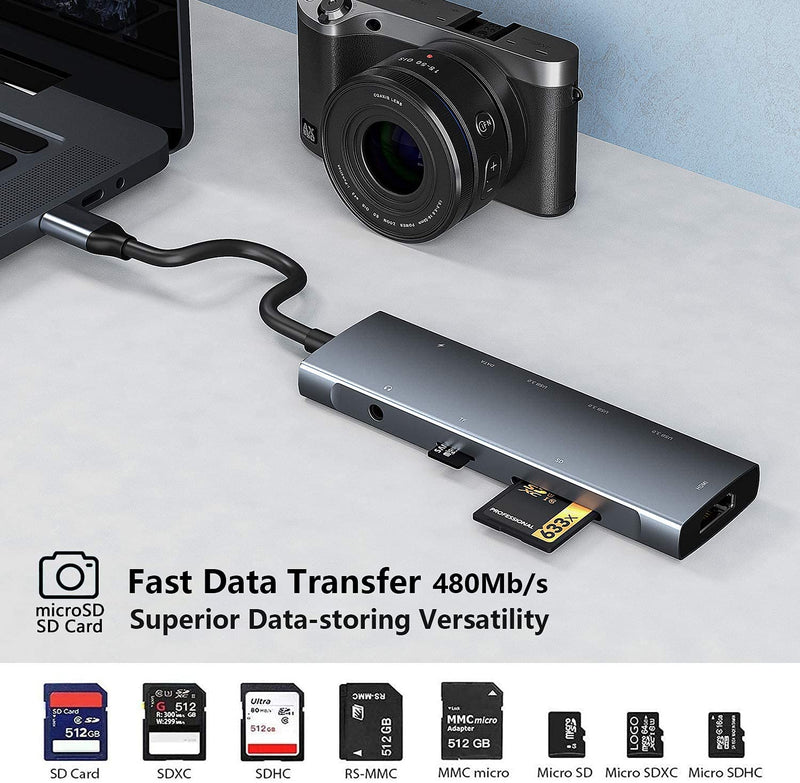 [Australia - AusPower] - USB C HUB for iPad Pro 9-in-1 Adapter iPad Pro 2021 2020 12.9 11 inch iPad Air 5 4 Docking Station with 4K HDMI, USB-C PD, SD/TF Card Reader, USB 3.0, 3.5mm Headphone Jack, Type C Data, iPad Mini 6 