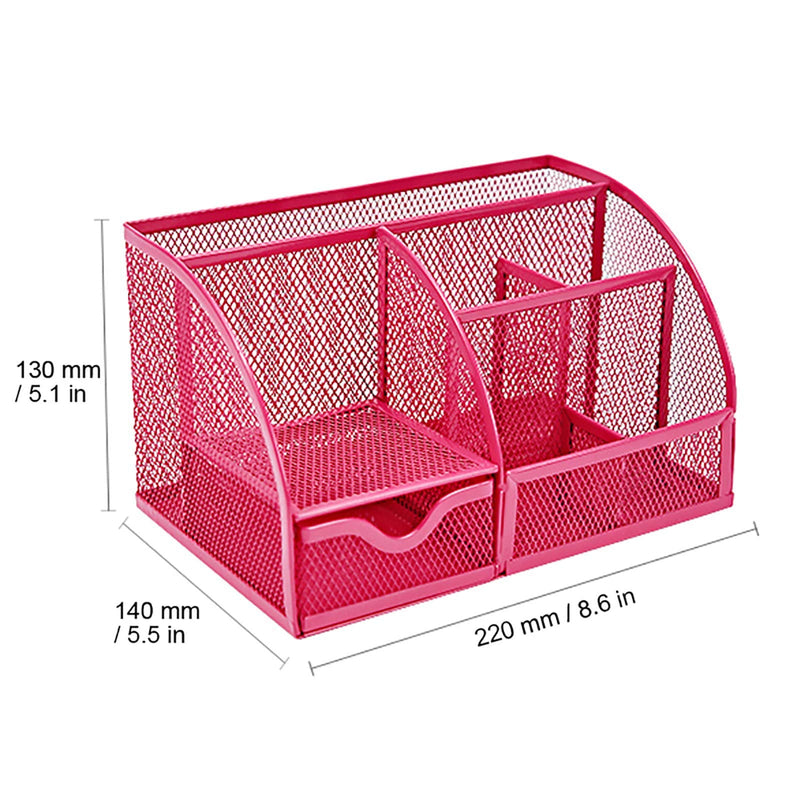 [Australia - AusPower] - VANRA Office Supply Caddy Mesh Desk Organizer School Supply Holder 6 Compartments with Drawer (Pink) Pink 