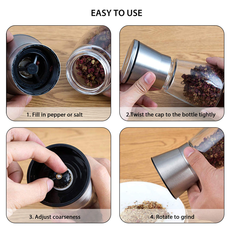 [Australia - AusPower] - Cacuco Salt and Pepper Grinder Set ,Adjustable Ceramic & Stainless Steel Mill Set, Glass Body Refillable Mill Shakers - Easy Clean Ceramic Grinders with BONUS Stainless Steel Spoon and Cleaning Brush 