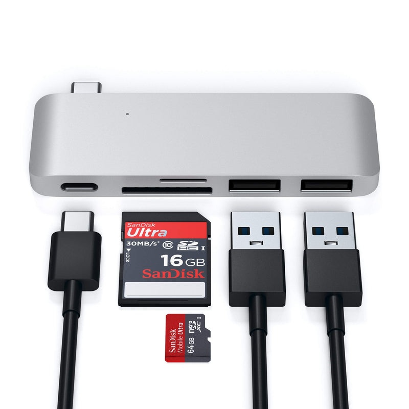 [Australia - AusPower] - Satechi Aluminum Type-C USB 3.0 3-in-1 Combo Hub with USB-C Pass-Through - Compatible with 2018 MacBook Air, 2018 iPad Pro, 2015/2016/2017 MacBook 12-Inch and More Silver 