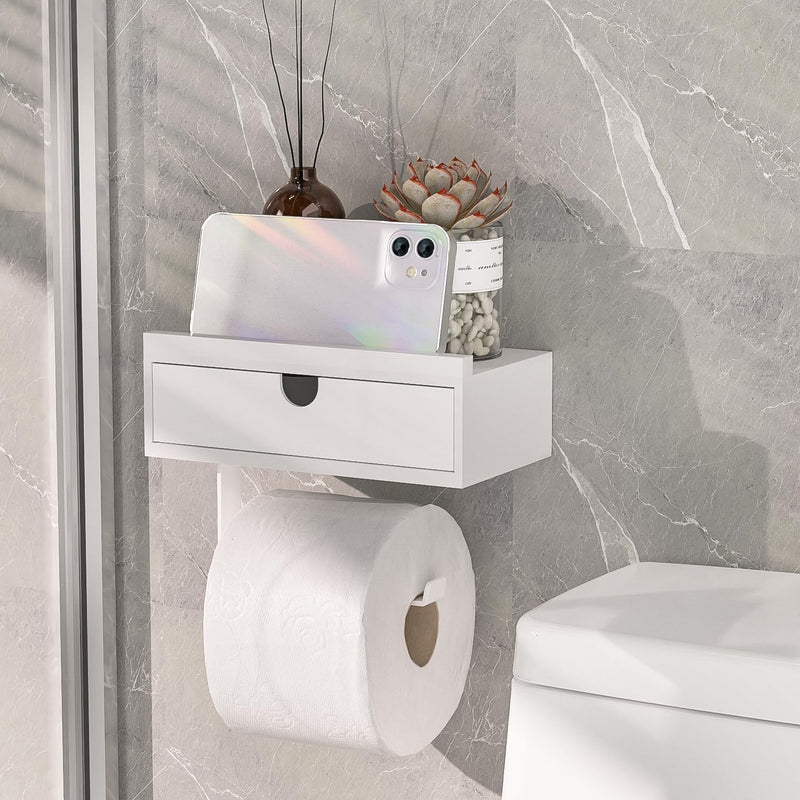 [Australia - AusPower] - Domax White Toilet Paper Holder with Shelf - Wall Mount/Adhesive Bathroom Toilet Paper Holder with Storage Drawer for Organizer Tampon or Small Items Bamboo Wood Tissue Toilet Paper Roll Holder, Small 