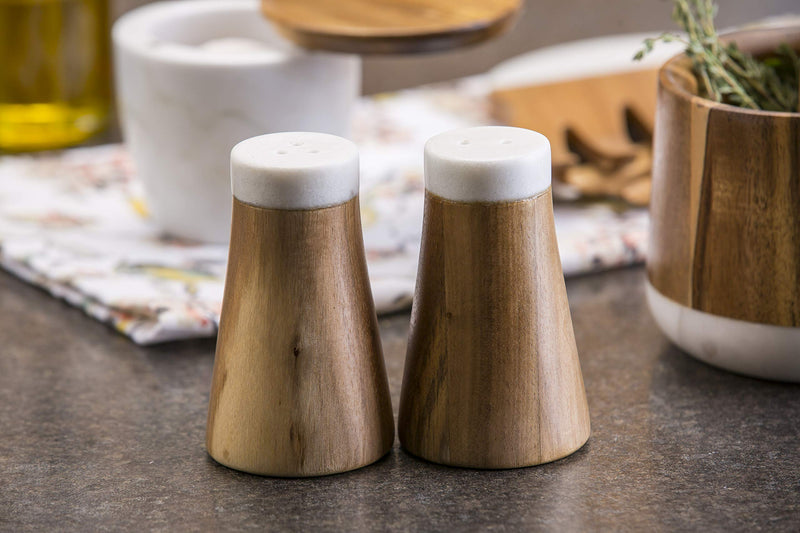 [Australia - AusPower] - Tablecraft Salt & Pepper Shakers, 2.5 x 2.5 x 4.125, Marble/Acacia Salt and Pepper Shakers 