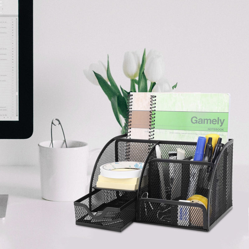 [Australia - AusPower] - Flexzion Desk Organizer Office Supplies Accessories Desktop Tabletop Sorter Shelf Pencil Holder Caddy Set - Metal Mesh with Drawer and 6 Compartments (Black) 