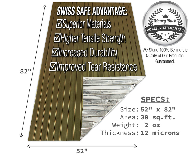 [Australia - AusPower] - Swiss Safe Emergency Mylar Thermal Blankets + Bonus Gold Foil Space Blanket. Designed for NASA, Outdoors, Survival, First Aid, Army Green, 4 Pack 