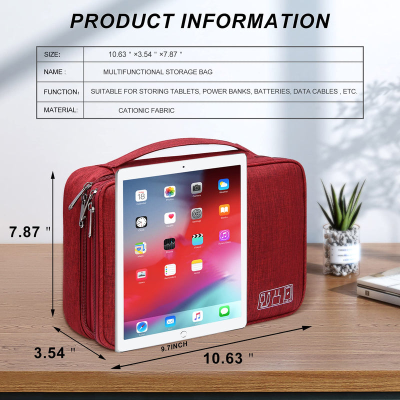 [Australia - AusPower] - Electronic Bag Travel Cable Accessories Bag Waterproof Double Layer Large Electronics Organizer Portable Storage Case for Cable, Cord, Charger, Phone, Adapter, Power Bank, Kindle, Hard Drives Wine Red 