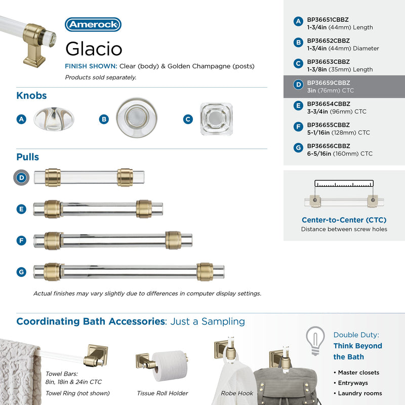 [Australia - AusPower] - Amerock | Cabinet Knob | Clear/Golden Champagne | 1-3/8 inch (35 mm) Length | Glacio | 1 Pack | Drawer Knob | Cabinet Hardware Square 