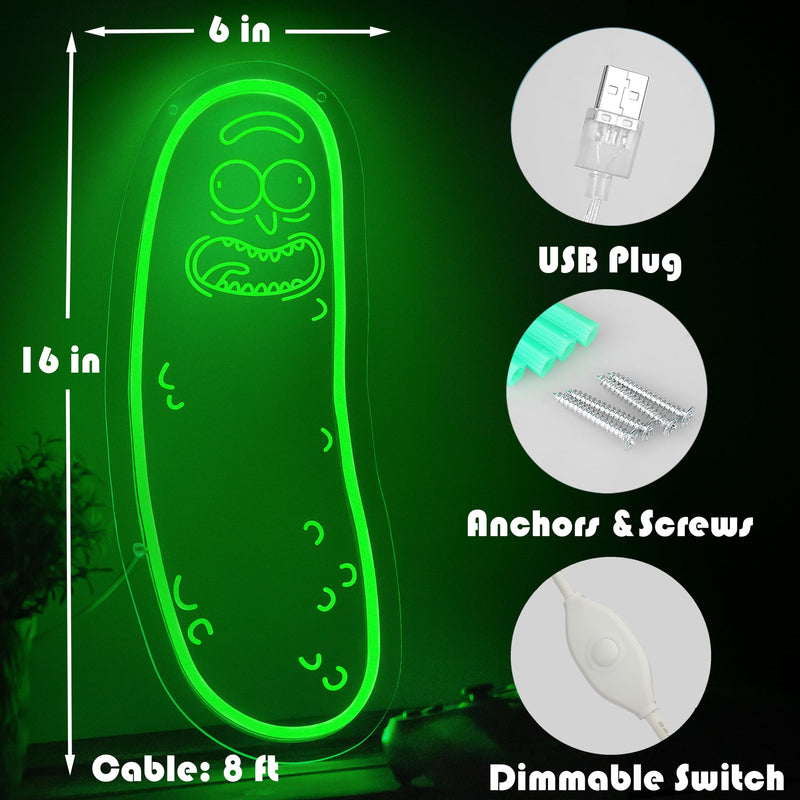 [Australia - AusPower] - Cartoon Pickle LED neon Sign for Wall Decoration, Anime Rick neon Light Sign for Man cave Decor, Christmas Ornament, Party and Game Room Decoration, Dimmable Dill neon Sign USB Power (Green 2) 
