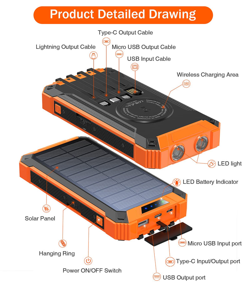 [Australia - AusPower] - Solar Power Bank 36000mAh Built-in 4 Cables Qi Wireless Charger with Dual LED Flashlight Solar Portable External Battery IPX4 Waterproof 15W 5V/3A USB C Port Six Outputs Three Inputs(Orange) Orange 