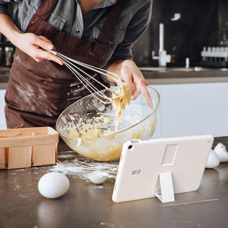 [Australia - AusPower] - Speck Google Pixel Tablet 2023 Case and Stand - Full Back, Thin, Scratch Resistant, Drop Protection & Adjustable Kickstand - Works with Google Pixel Charging Speaker Dock - White & Silver StandyShell Off White/Serene Silver 